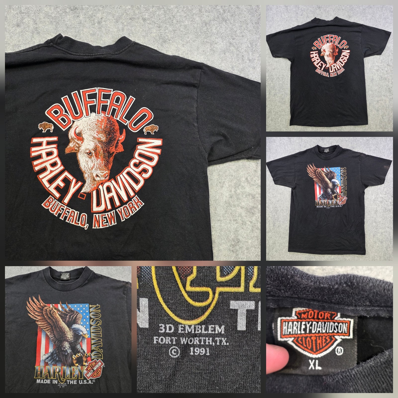 Vtg 90s Harley Davidson 3d Emblem T Shirt Mens Xl Black Eagle Flag Buffalo Usa